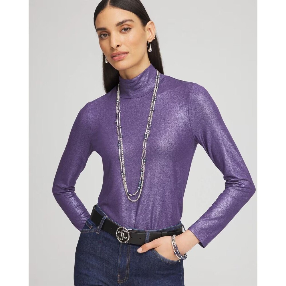 NWT CHICOS Purple Touch of Cool Foil Mock Neck Layering Metallic SIZE 2 US LARGE
